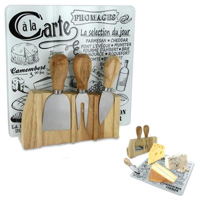 [A2257] - Sklo + dřevěné prkénko na sýr 'Carte des Fromages' 3 nádobí - 22x4x21 cm