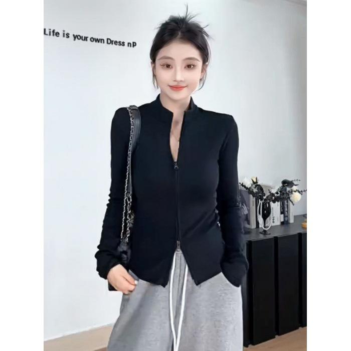 Hong Kong Style Slim Fit Double Zipper Cardigan Jacket for Women Medium чёрный