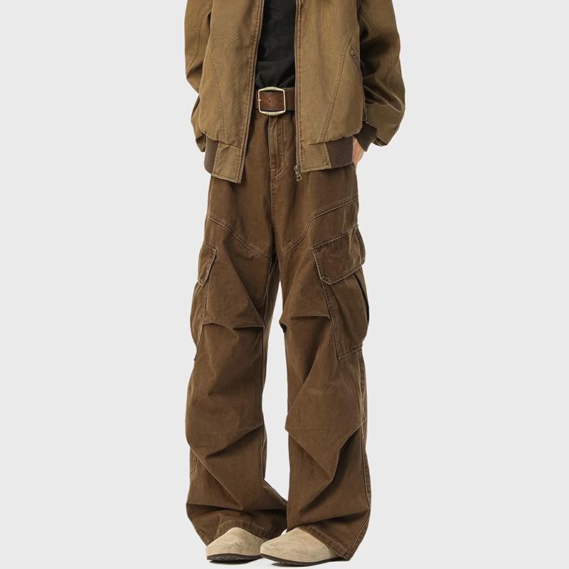 Men's Mylar Brown Cargo Pants: American Retro Multi-Pocket, Autumn/Winter CleanFit Micro-Flare Jeans