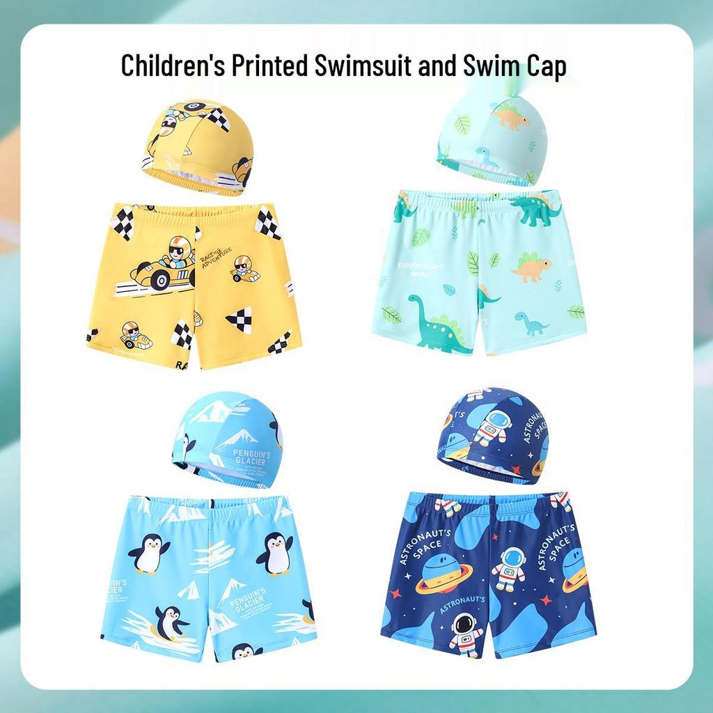 Children's Cartoon Swimsuit Set: Toddler Swim Shorts & Cap for Beach