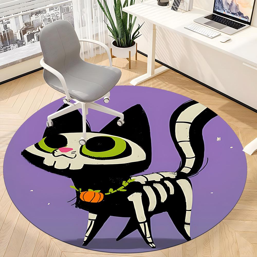 1pc Skelecat Halloween Office Round Area Rug, Under Office Chairs Bedroom Living Room Home Decor, Room Deco