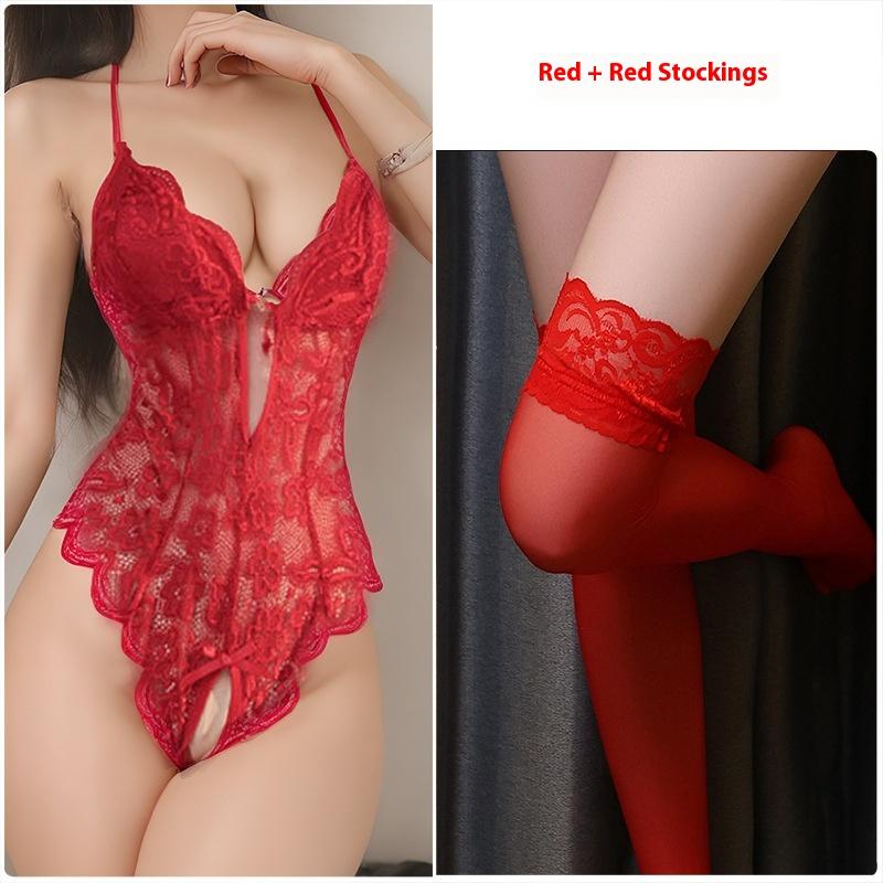 Sexy Lingerie Sexy Deep V Lace Perspective Open File Free Onesie Women's Bed Seduction Flirting Pure Lust Passion