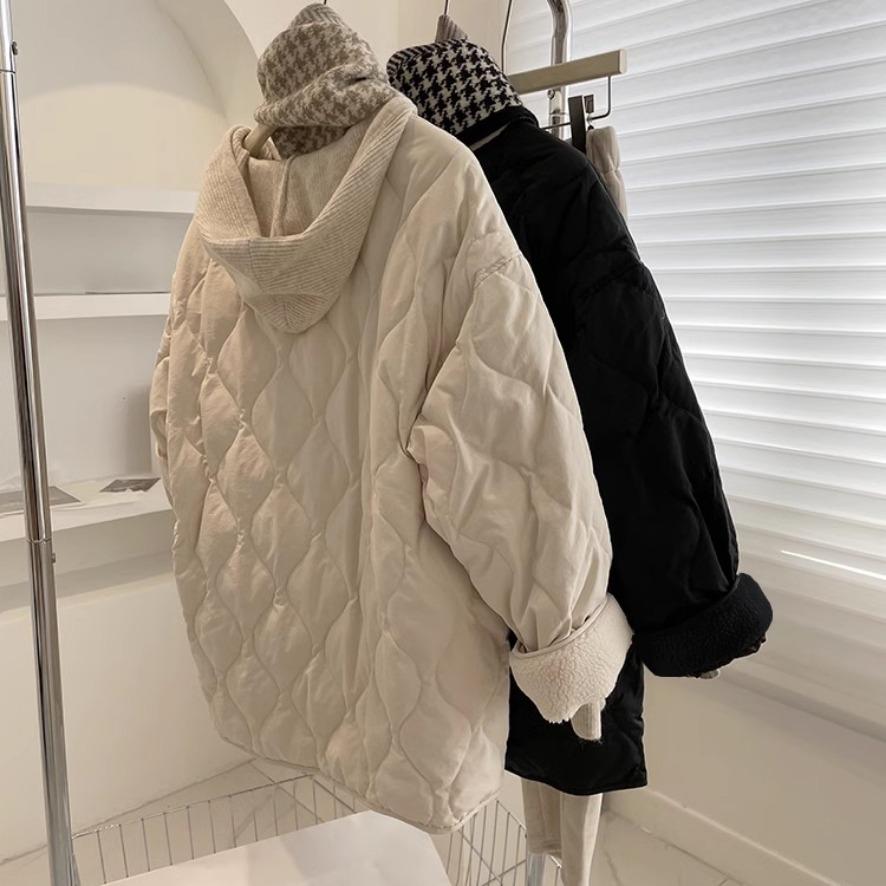 Collarless lamb wool lightweight ins winter cotton coat Korean style loose small fragrant style rhombus warm small cotton coat for women