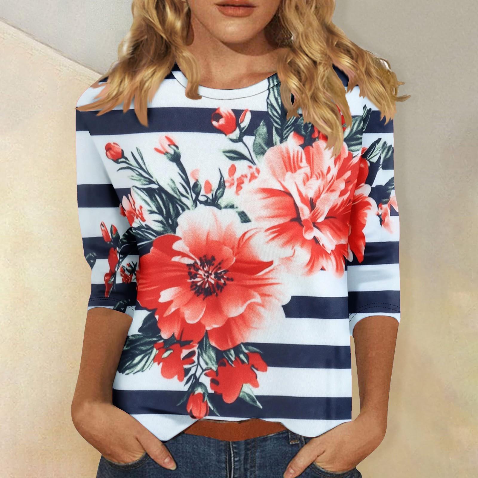 

Женская мода повседневная три четверти рукава цветочный принт горловина топ L циан