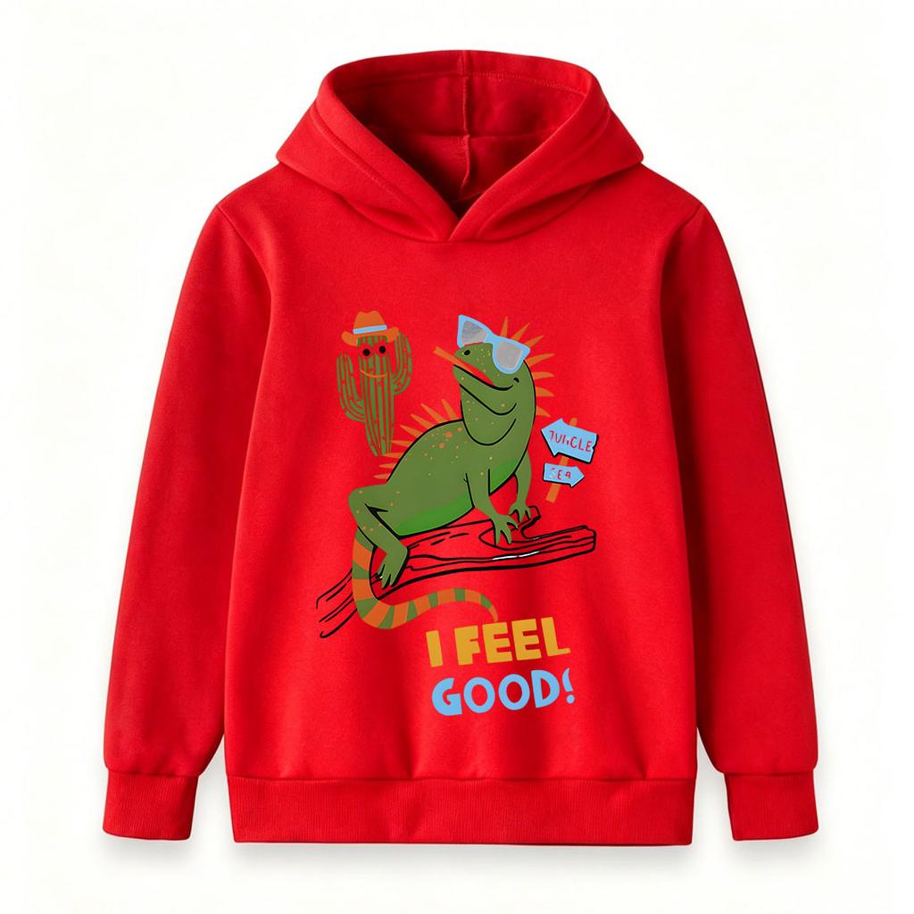 Kids Boys Girls Crew Neck Hoodie, Cool Lizard Cactus Print Casual Pullover Sweatshirt, I Feel Good Funny Graphic Long Sleeve Top for Children Daily We