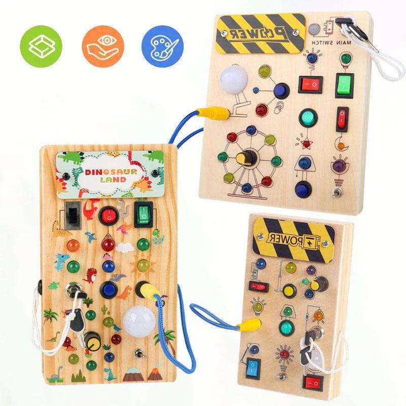 Montessori Hračky Dřevěná Aktivní Tabule Spínačové Hračky S Tlačítkem LED Světla Senzorické Cestovní Hračky pro Batole Předškolní Vzdělávací Aktivita