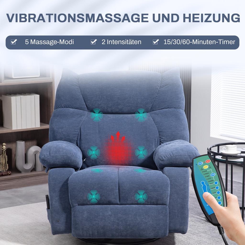 Massage Chair with Heat & Reclining Function, Swivel, up to 150 kg, Metal Frame, 98x90x98cm, Blue