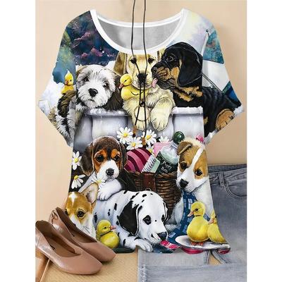Plus Size Tees Women's Short Sleeved 3D Printed Top Holiday Dog Animal Pattern Weekend Basic Round Neck T Shirt Summer