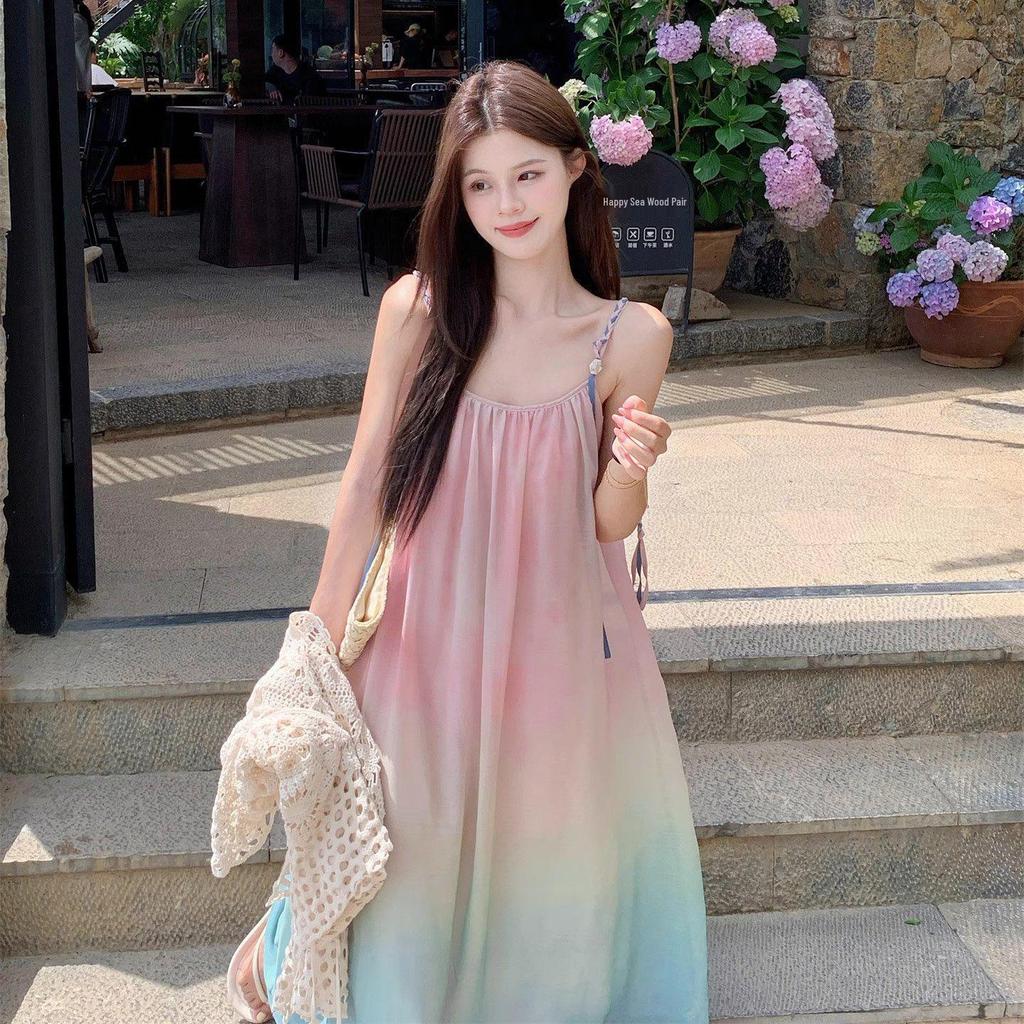 Korean Sweet Gradient Spaghetti Strap Beach Dress - 2026 Summer Seaside Vacation Design