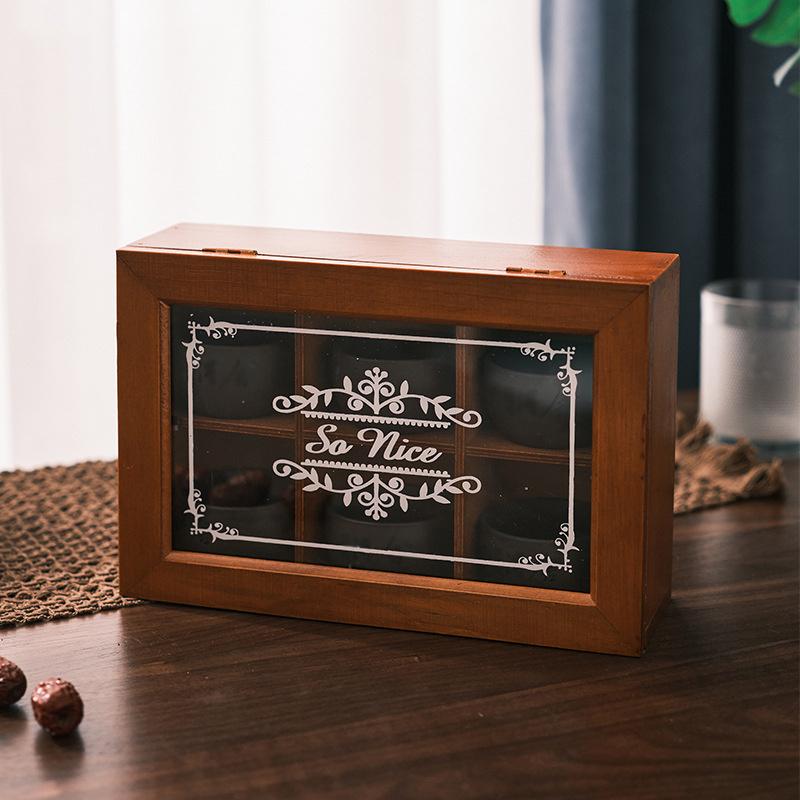 1pc 4/6 Grids Tea&coffee&spice&jewelry Dustproof Wooden Storage Box with Transparent lid,Perfect for Kitchen&dresser Place.