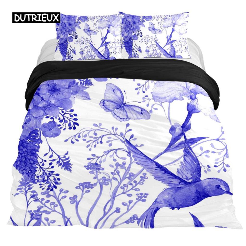 Hummingbirds Bedspread Cover Kit Tropical Flowers Nature Blooms Bed Cover Kit Tropical Birds Theme Queen Dimension Size 2/3 Pcs Comforter Cover