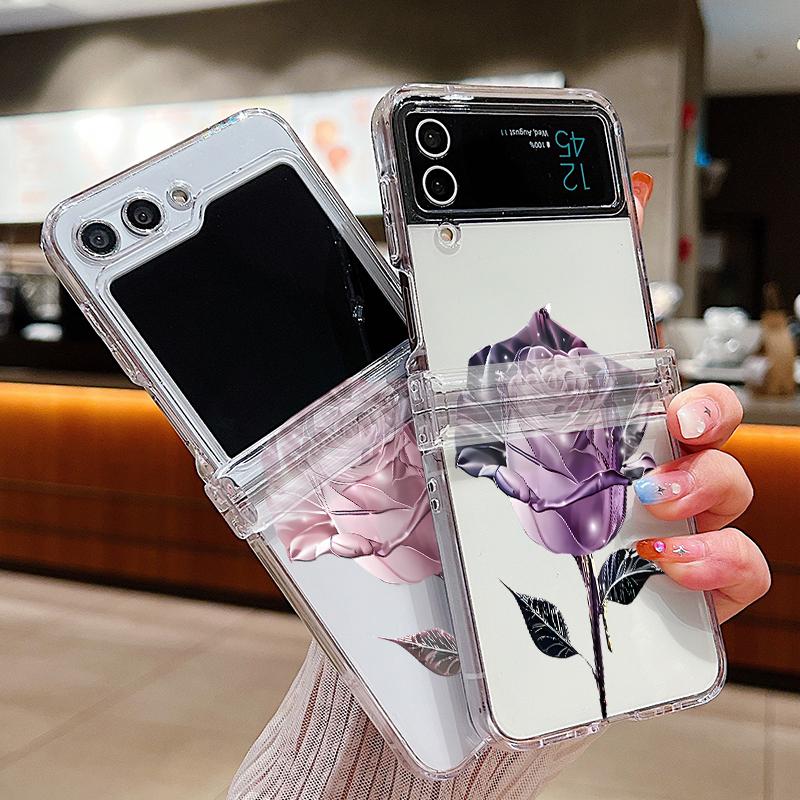 Rose Pattern Clear Phone Case For Samsung Galaxy Z Flip6 Flip5 Flip4 5G Hard PC Flower Folding Cover For Samsung Z Flip 6 5 4 3