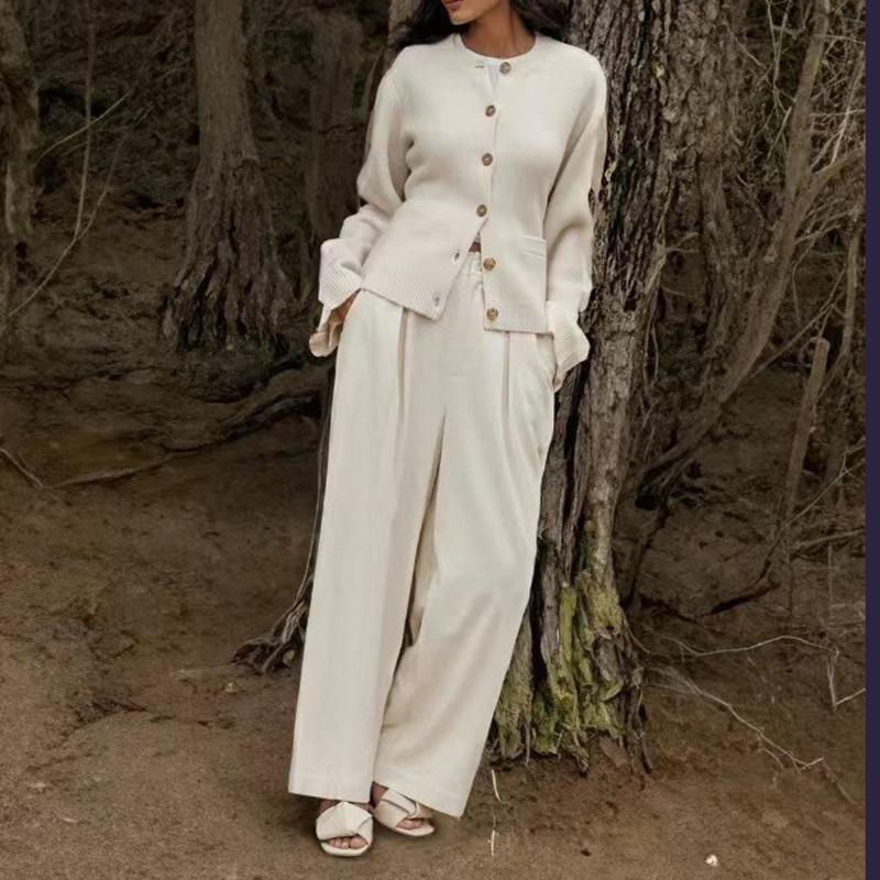 Ladies Premium Solid Sweater Jacket Elegant Fashion High Waist Slim Sweater Cardigan Round Neck Loose Long Sleeve Button Cardigan Coat with Pockets