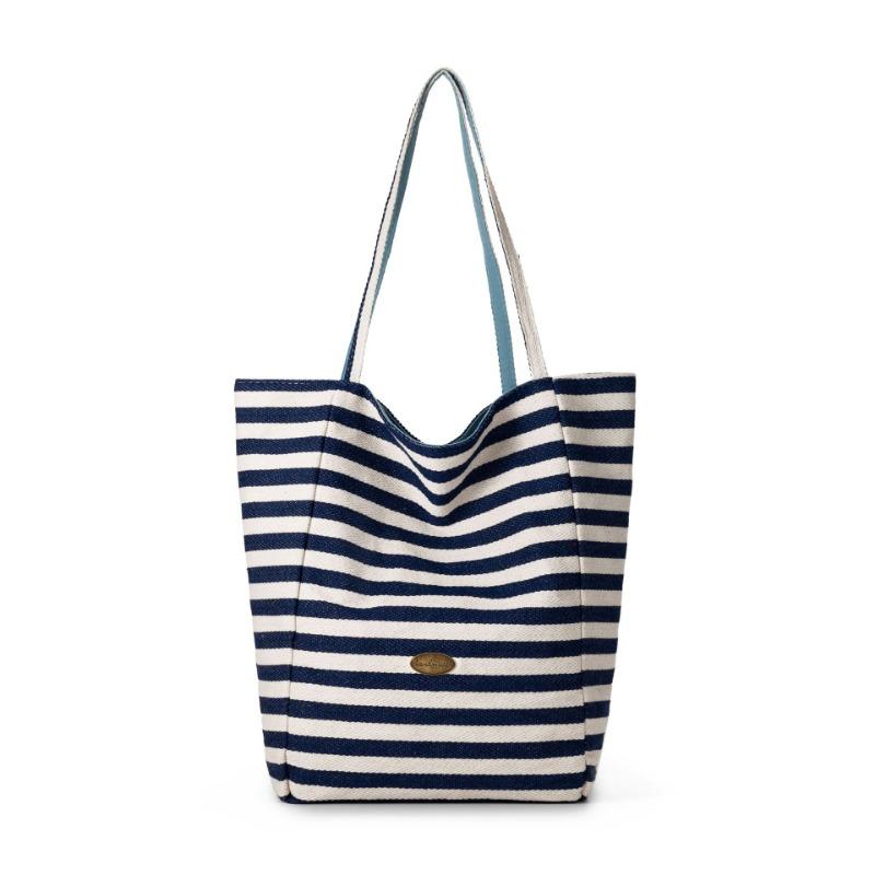 New Lazy Wind Shoulder Bag Double-sided Back Striped Canvas Bag Women's Large Capacity Commuter Tote Bag