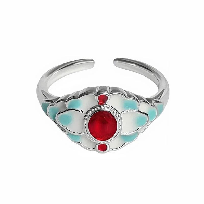 Niche High-End Sweet Sister Country Tide Style Colored Enamel Flower Retro Pattern Open Ring Stacked With Personalized Ring