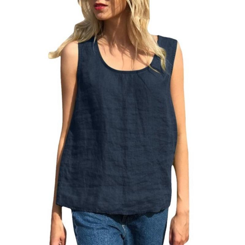 Women's Loose Casual Cotton and Linen Summer Solid Colour Round Neck Tank Top