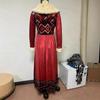 Women's V Neck Long Sleeve Fur Collar Printed Velvet Maxi Dress High Waist Winter Western Style Long Dress