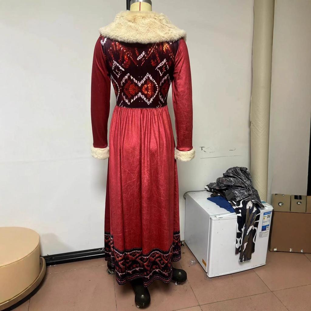 Women's V Neck Long Sleeve Fur Collar Printed Velvet Maxi Dress High Waist Winter Western Style Long Dress
