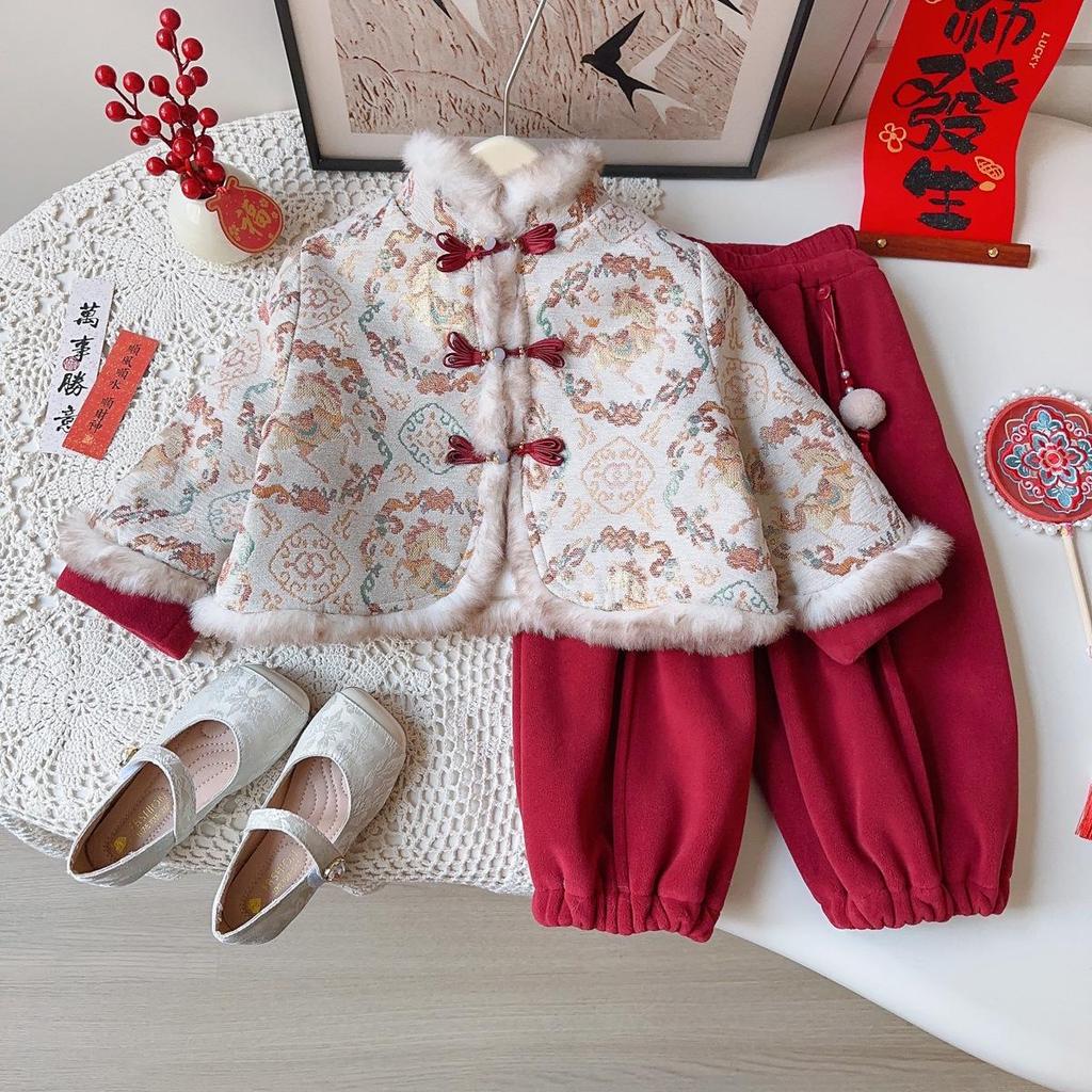 Girls' Winter Chinese Style Suit: New Arrival Thickened Jacket & Trousers Two-Piece Set