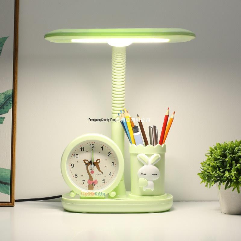 Children's Study Desk Lamp with Eye Protection, Clock, Pen Holder, and Large Light Source
