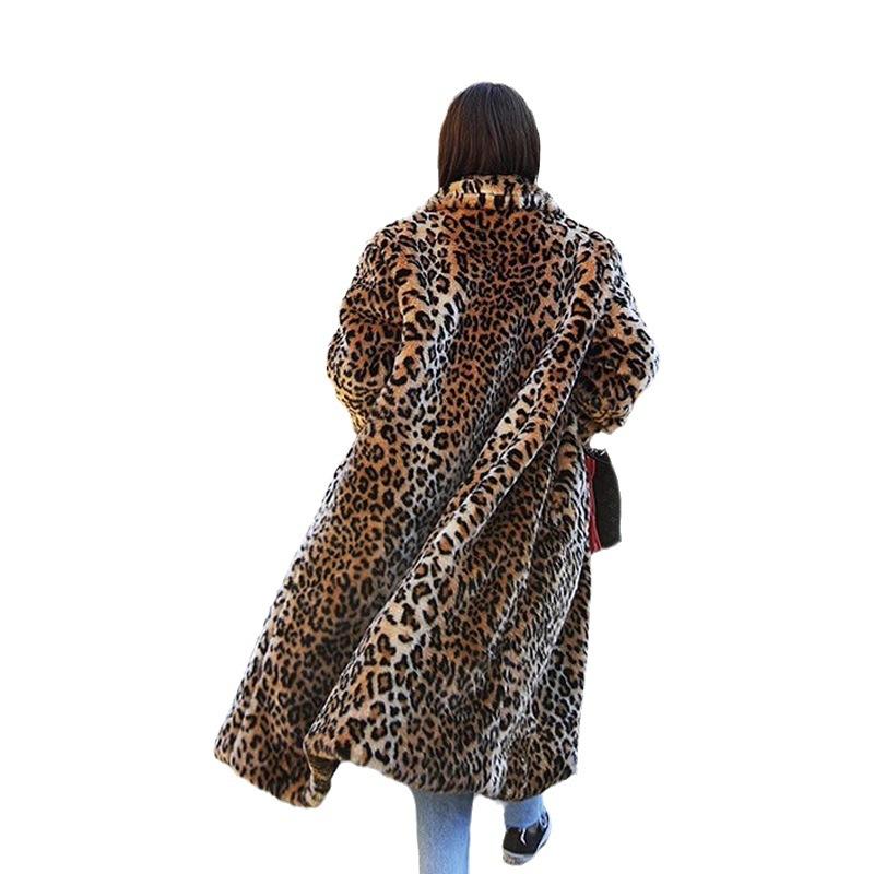 Women's Leopard Print Faux Fur Coat Lapel Long Sleeve Fluffy Long Winter Outerwear