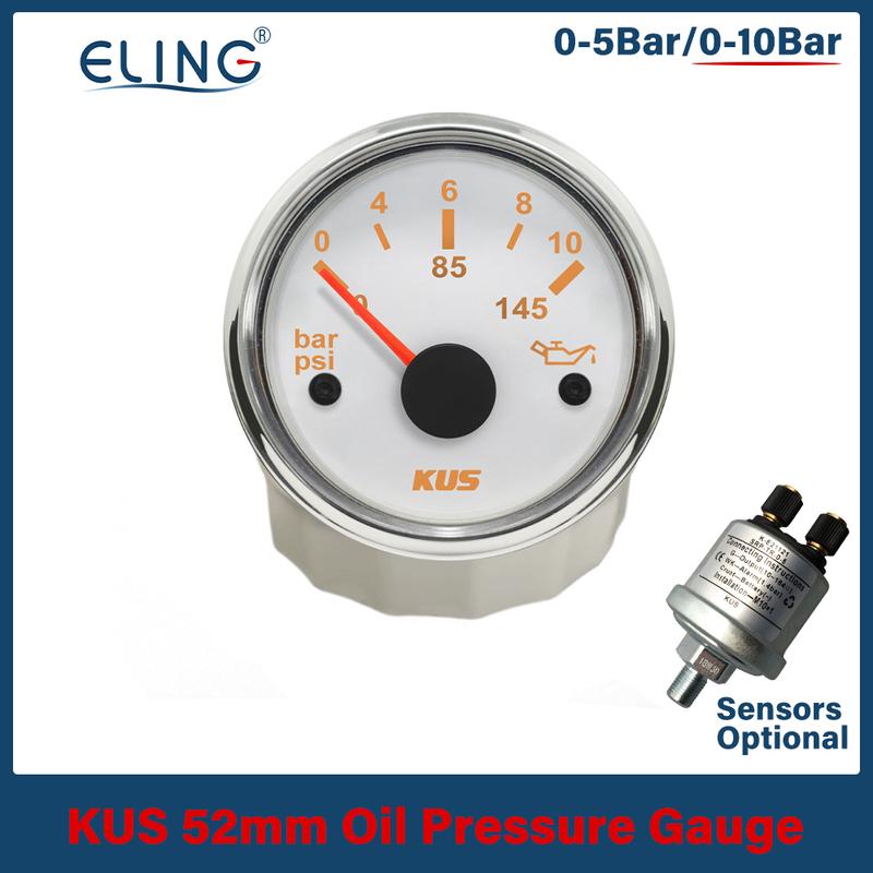 KUS 52mm 0-5Bar 0-10Bar Oil Pressure Gauge Car Boat 0-75Psi 0-145Psi Red Yellow Available Backlight Oil Pressure Sensor