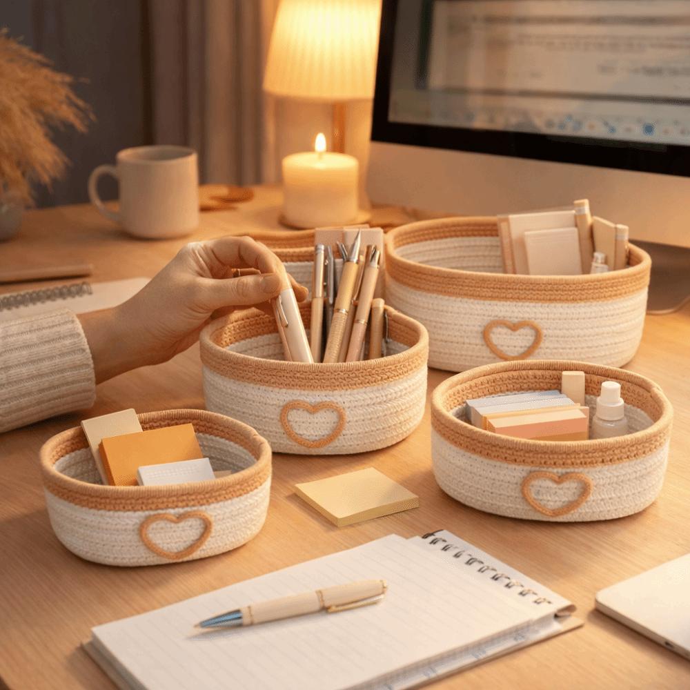 Cotton Rope Weaving Storage Basket Heart Pattern Nordic Style Stationery Storage Box Handmade Cosmetics Storage Basket