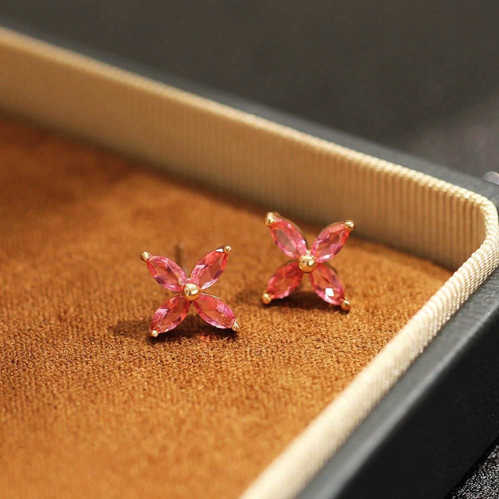 New Product Simple Gold-plated Stone-inlaid Red Flower Stud Earrings Temperament Korean Version Sweet and Elegant Earrings Earrings Lady Style