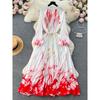 Palace Style Round Neck Print Lantern Sleeve Loose Dress