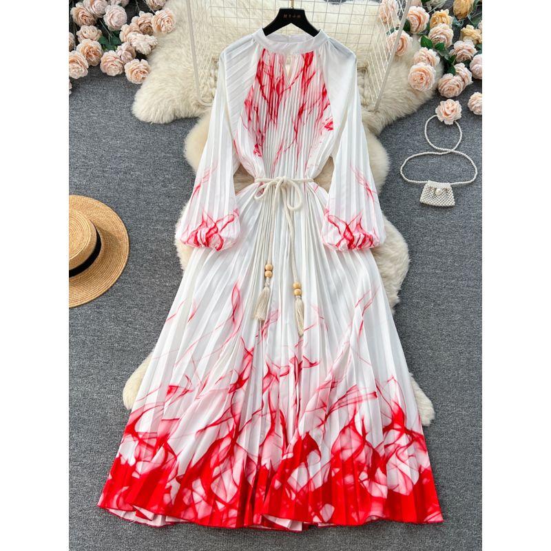 Palace Style Round Neck Print Lantern Sleeve Loose Dress