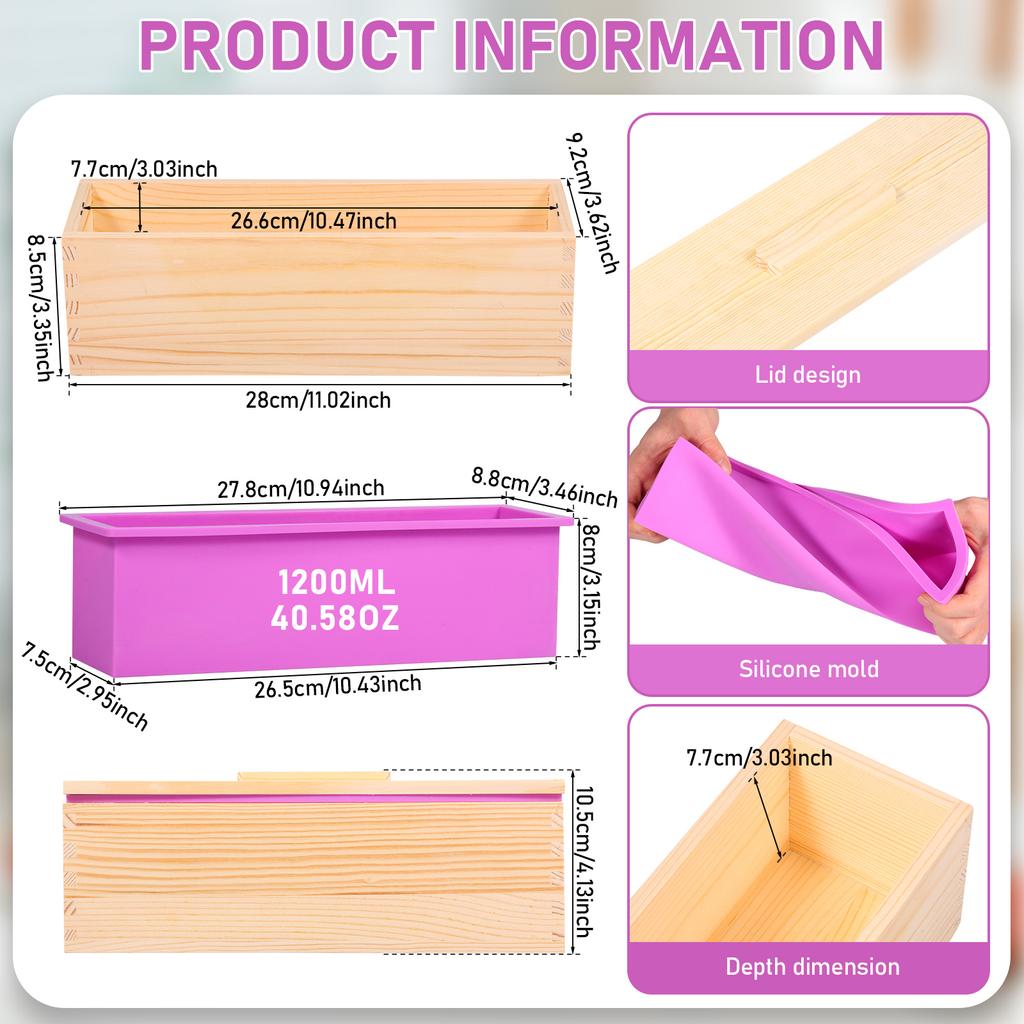 2 Pcs Rectangular Soap Mould 40 oz Handmade Soap Molds Kit with Wooden Box Easy Release Silicone Soap Mold Kit for Handmade Loaf