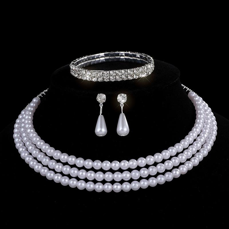 Bridal Pearl Full Diamond Necklace Necklace Diamond Imitation Pearl Bracelet Earrings Necklace Set Women