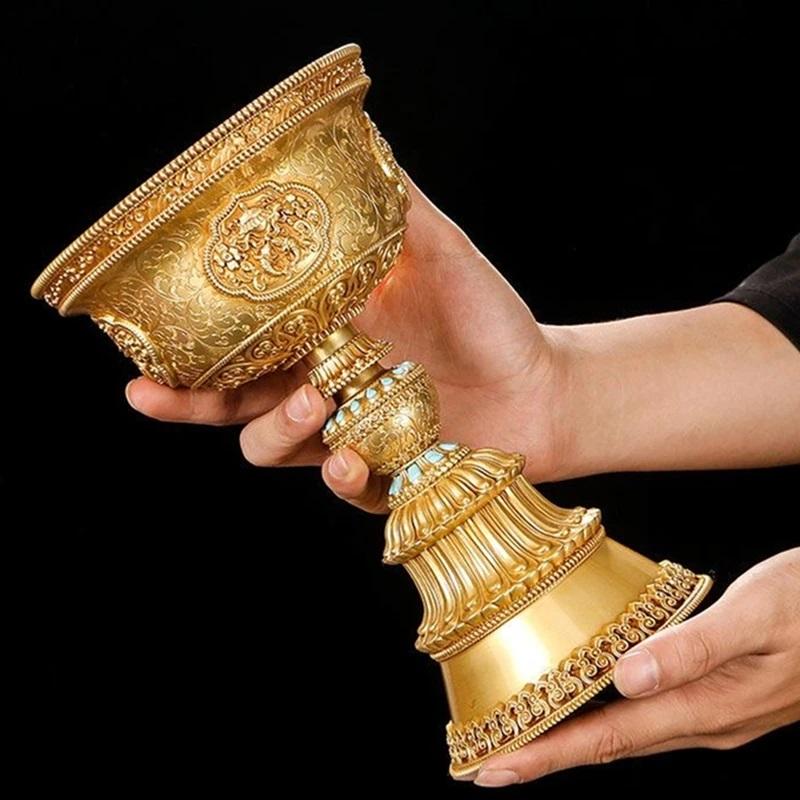 Tibetan Brass Candle Lamp Handicraft Embossed Inlaid Gem Tantric Candlestick Buddhist Wedding Altars Indoor Desktop Decoration