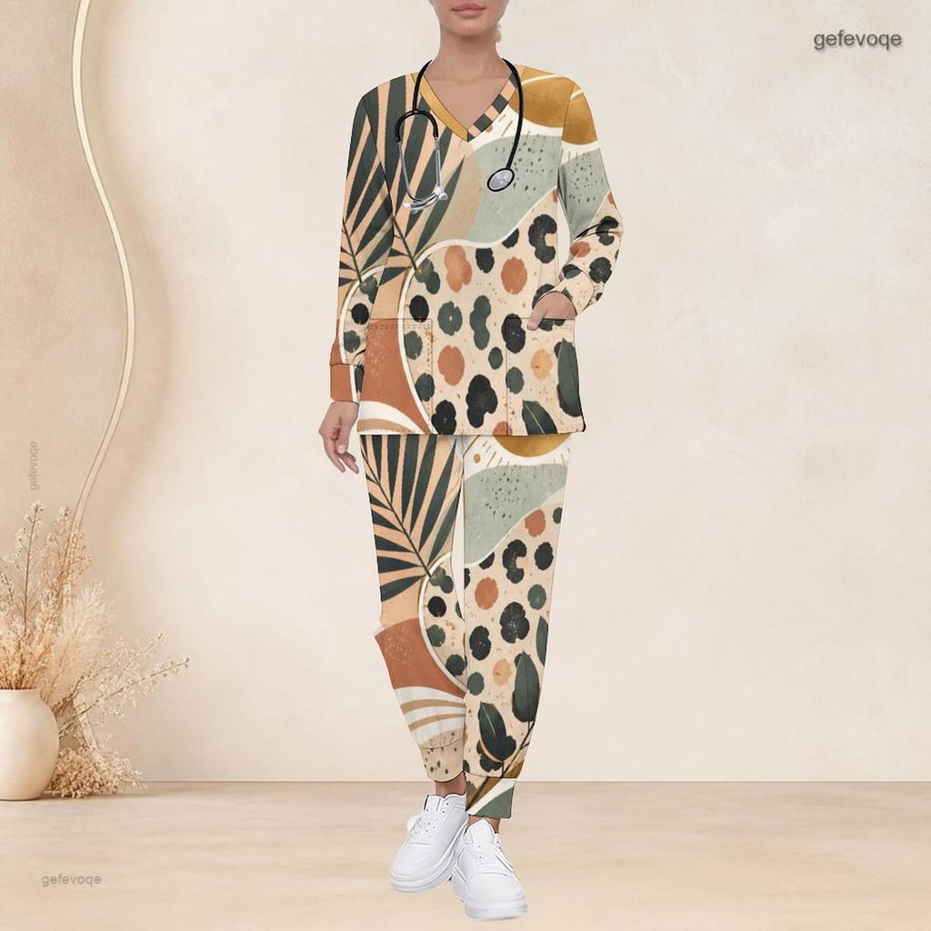 Women Plus Size V Neck Long Sleeve Scrub Set Boho Sun Heart Wave Star Art Print Nurse Uniform Set