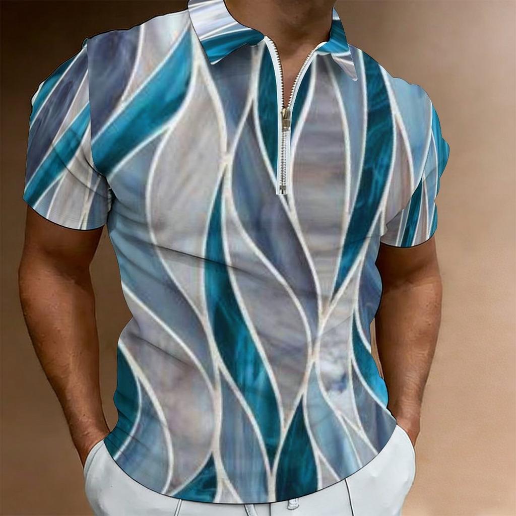 Women Short Sleeve Polo Shirt Blue Gray White Curved Wave Line Abstract Half Zip Lapel Top