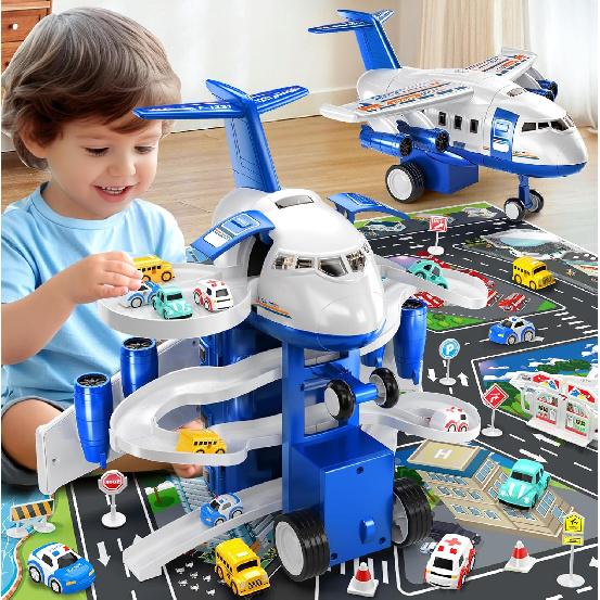 Kids Airplane Toy Racing Tracks Toy for Kids 3 4 5 6 7 Boys - Toy Airplane Small with 8 Car Toy, Garage Parking Lot, Car Carpet for Kids Playmat,