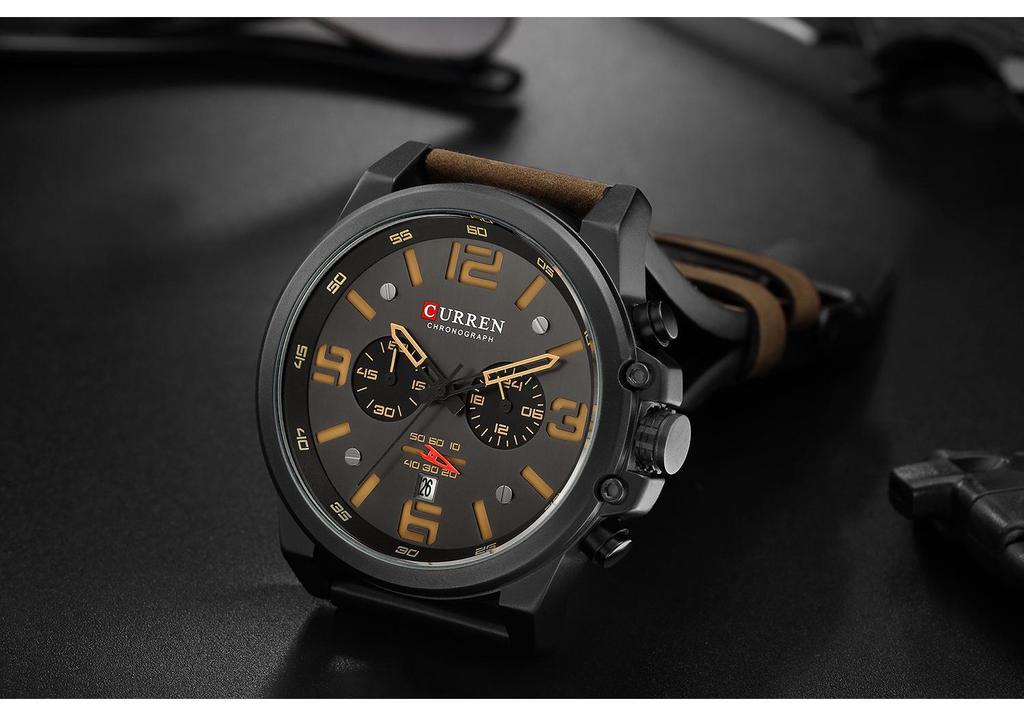 Curren 8314 Men's Multifunction Sports Watch with Six-Hand Calendar, Large Dial, and Leather Strap