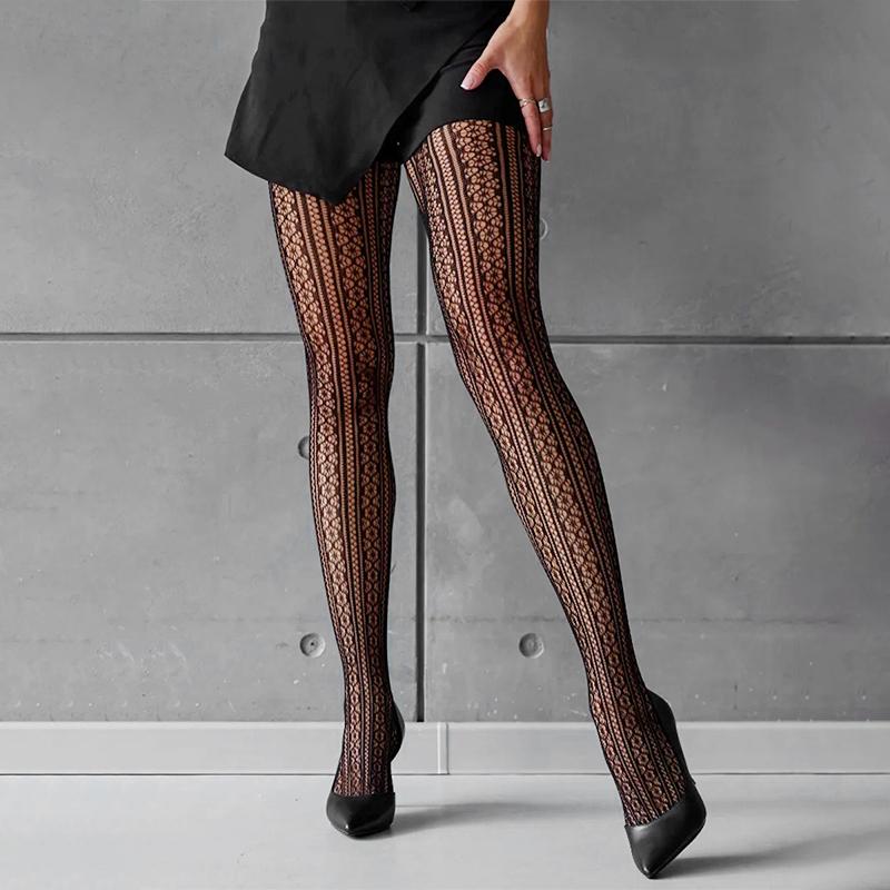 Women Retro Striped Jacquard Fishnet Black Pantyhose Sexy Elastic Hollow Out Nylon Tights Vintage Style