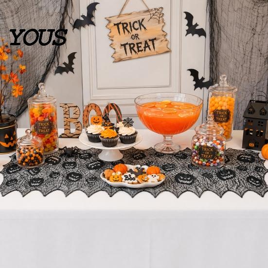 Black Lace Table Runner Halloween Runner, 70 x 15 Inch Spider Web Pumpkin Pattern Spooky Gothic Dinner Decoration for Kitchen Decor, Party Supplies