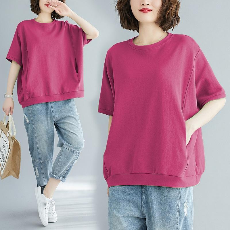 Spring and Summer Plus Size Women's Loose Solid Color Round Neck Short Sleeve T-Shirt Loose Solid Color All-match Half-sleeved Top