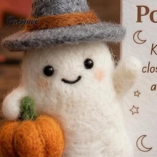 Unique Desk Buddy Little Pocket Ghost, Halloween Handmade Wool Felted Ghost with Pumpkin, Mini Birthday Gift for Friend Plush Doll Inspirational Card,