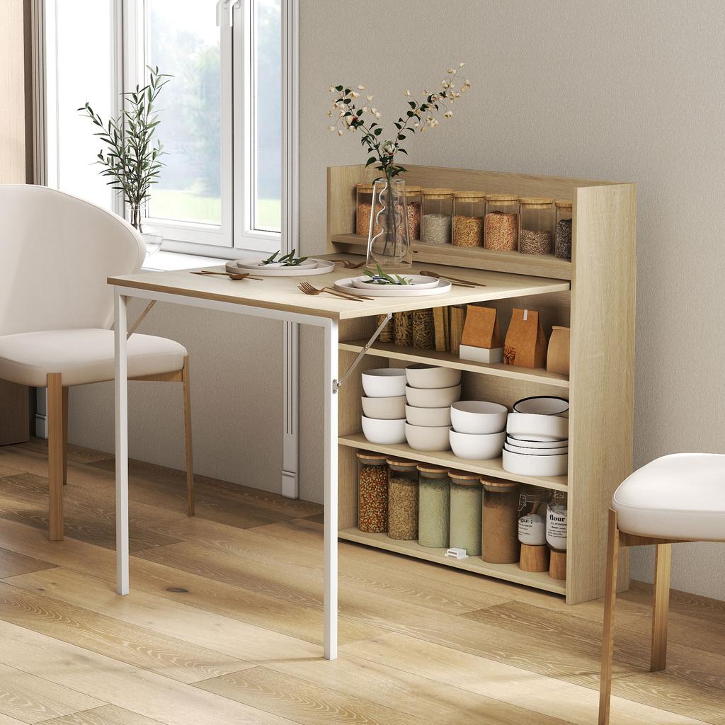 Folding dining table with cabinet, industrial design, space-saving, for small rooms, 78.5 x 91 x 93 cm, oak