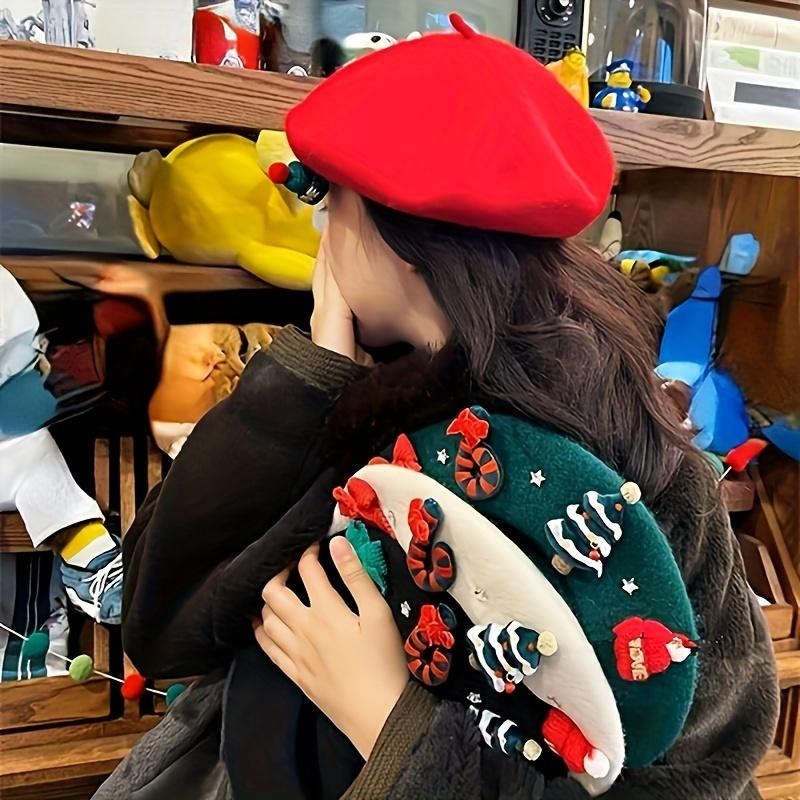 Lady's Red Christmas Beret with 3D Christmas Tree Decoration - Elastic Drawstring Closure, Lightweight