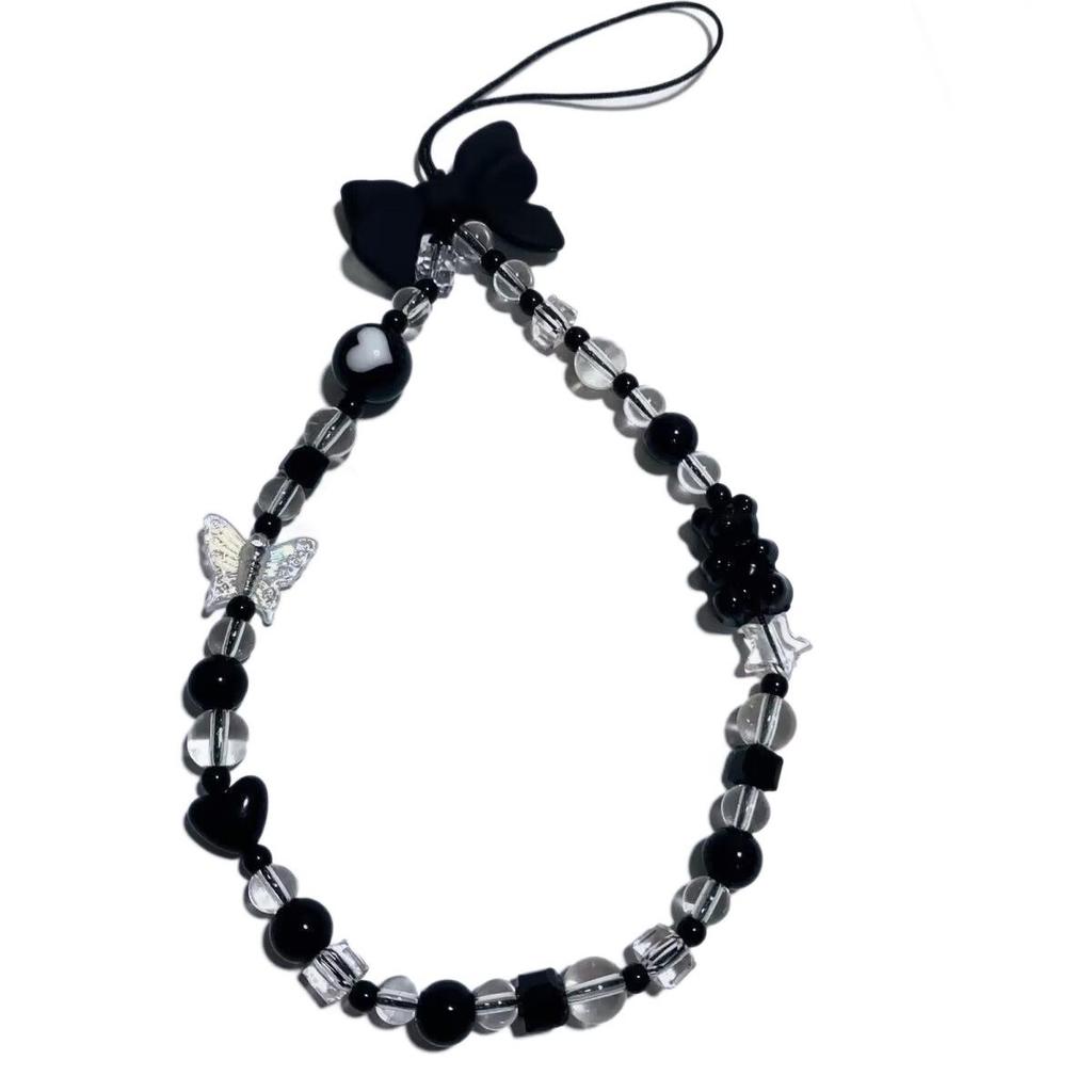 Women's Black Crystal Beaded Phone Lanyard with Bow - Cute Anti-Lost Chain Pendant Ornament