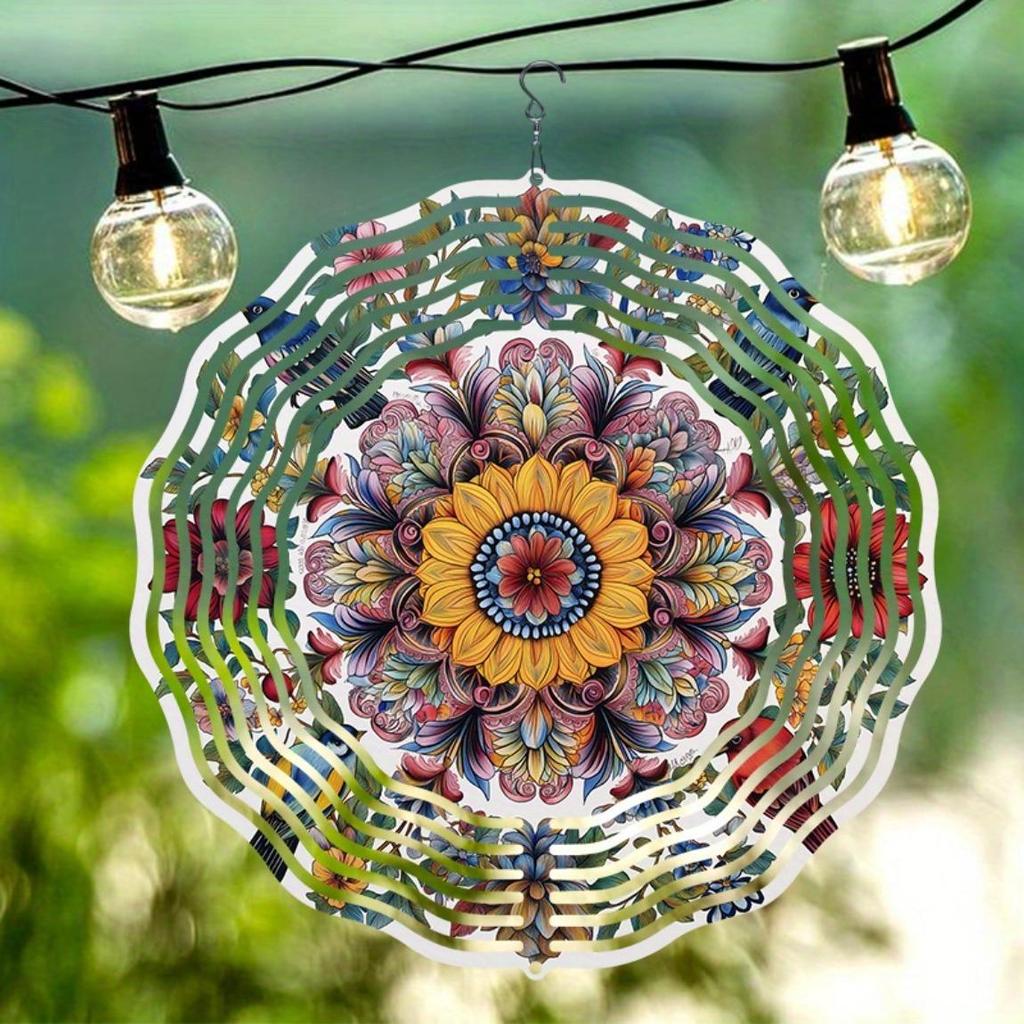 3D Kovová Větrná Zvonkohra Art - Elegantní Větrný Mlýn s Mandala Ptákem a Květinovým Designem, Dynamická Venkovní Zahradní Dekorace
