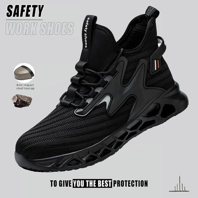 Black Safety Shoes Men Breathable Work Boots Steel Toe Puncture-Proof Anti-smash Shoes Protective Boots for Work As Hiking Black