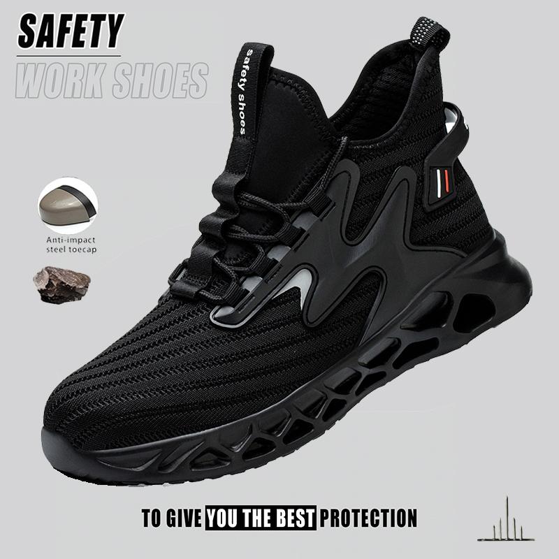 Black Safety Shoes Men Breathable Work Boots Steel Toe Puncture-Proof Anti-smash Shoes Protective Boots for Work as Hiking Black