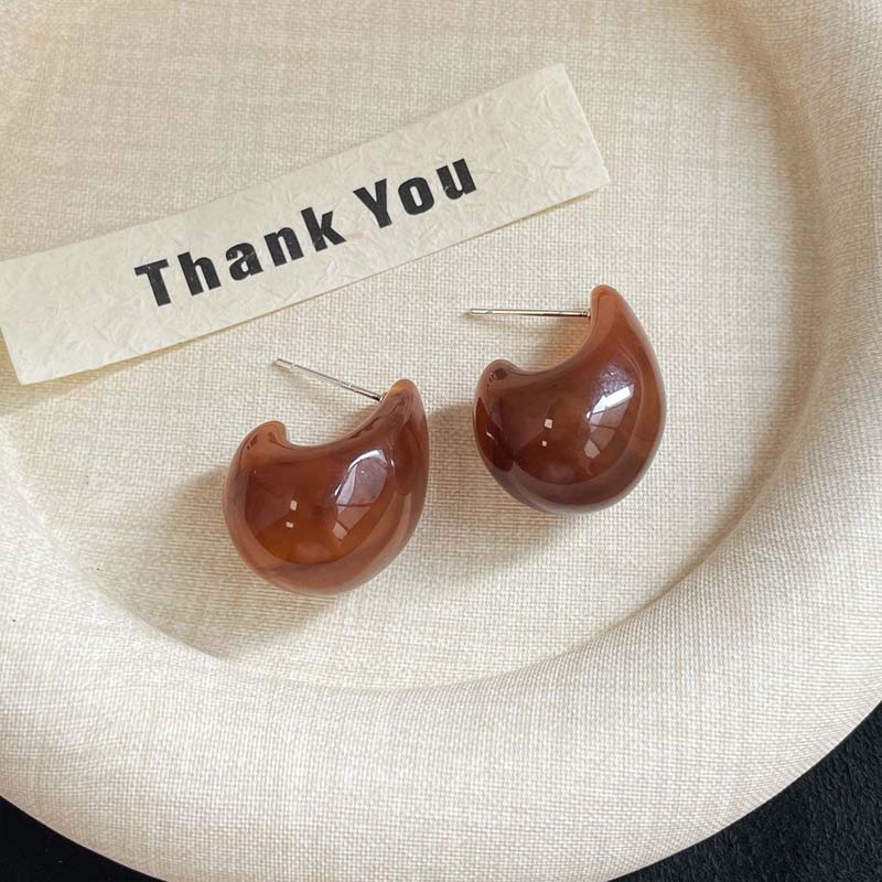 Korean Brown Resin Water Droplets Earrings for Women Girls Vintage C-Shape Teardrop Geometric Earrings Zircon Brincos Gift