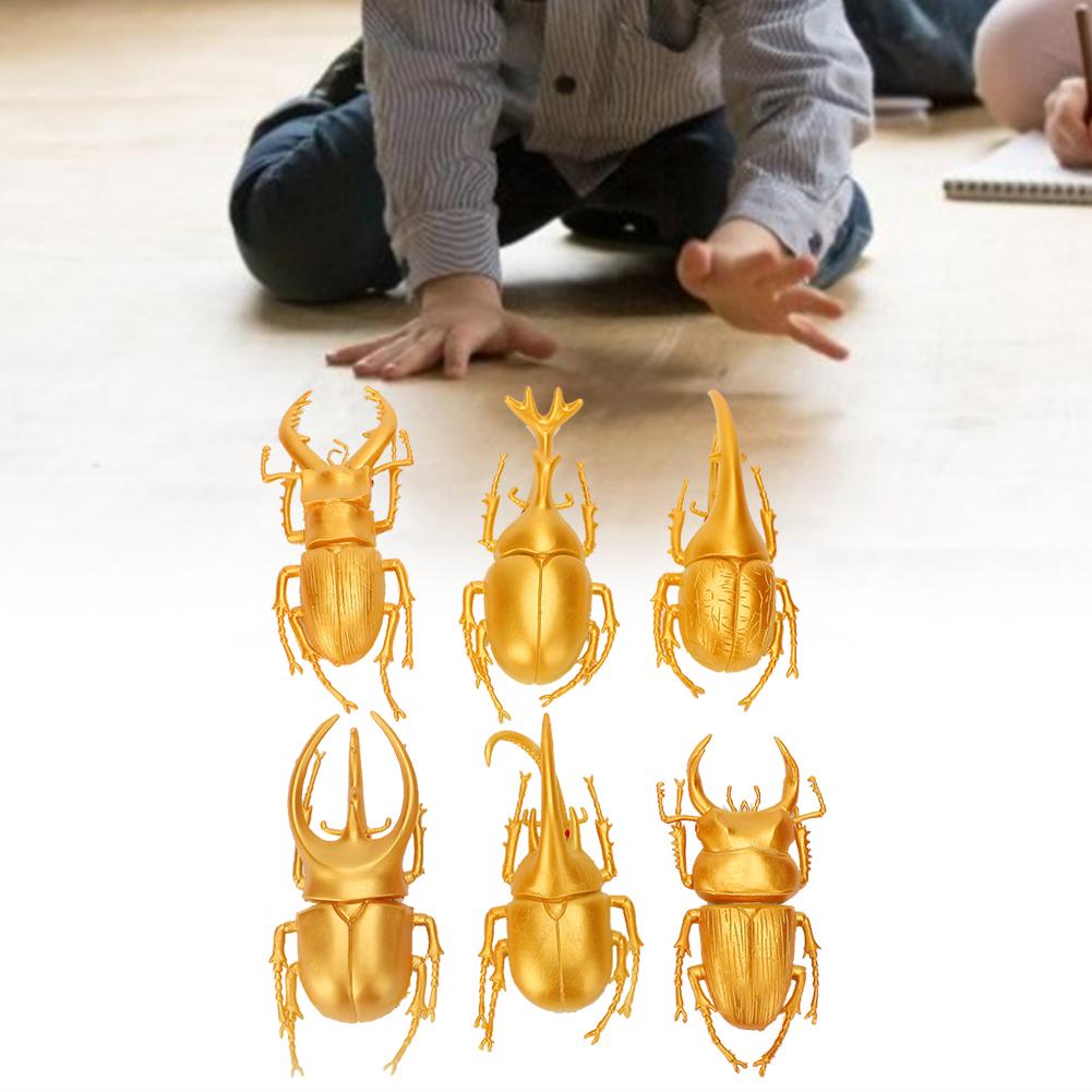 6pcs Simulation Beetle Insect Model Halloween Trick Props NonToxic PVC Insect Toy(Gold )