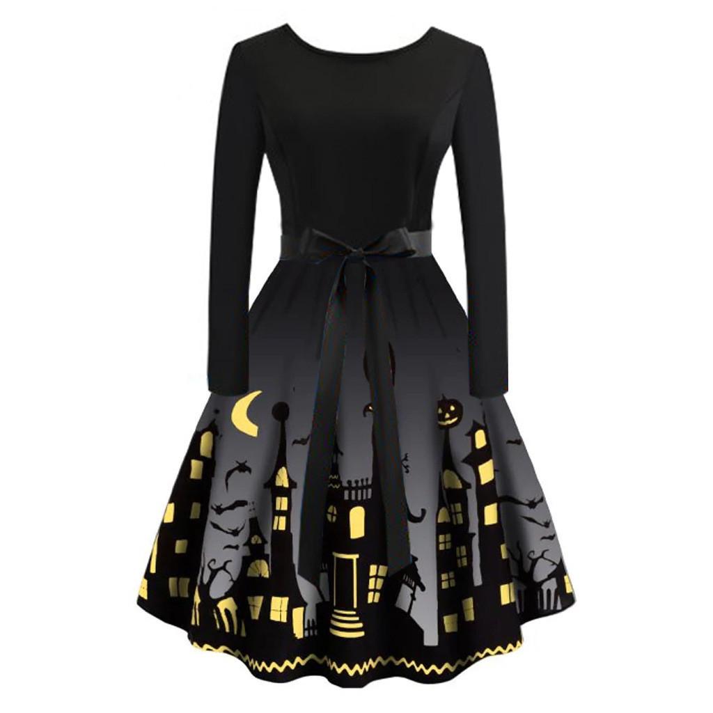 

Women s Halloween Digital Printed Waist Long Sleeve Stitching A-line O-neckDress L чорний